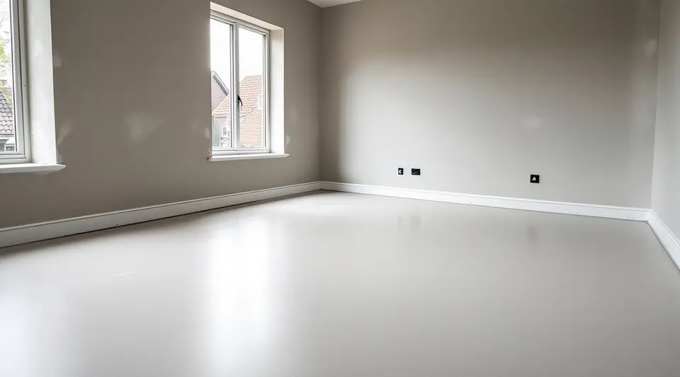 Een lege kamer met een vers gegoten, vlakke dekvloer van anhydriet, met de randstrook langs de muur