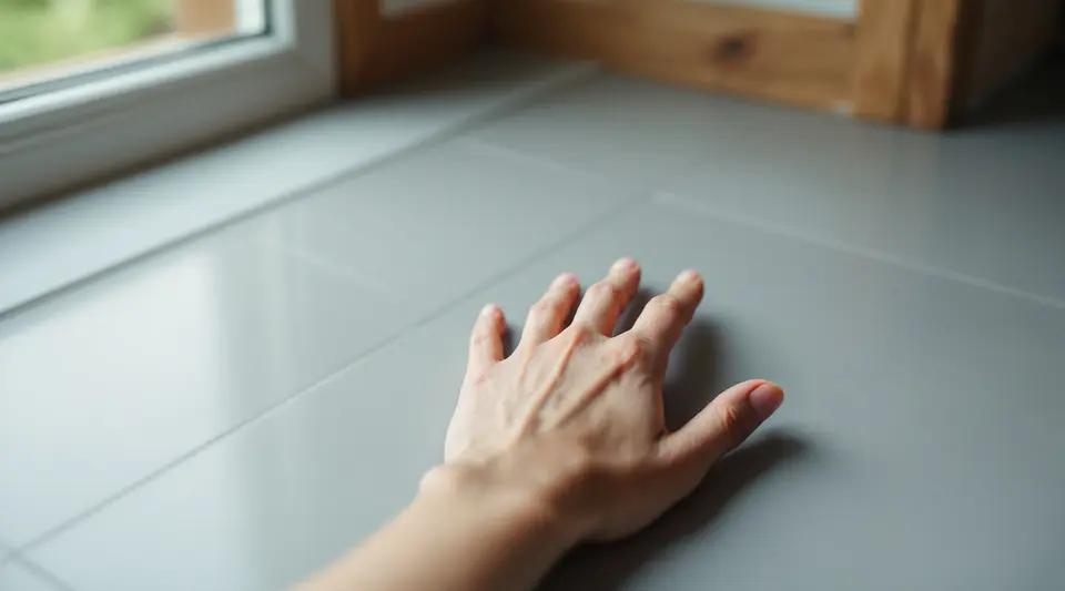 Een hand die plat op een grijze tegelvloer ligt om te voelen of de vloer warm is