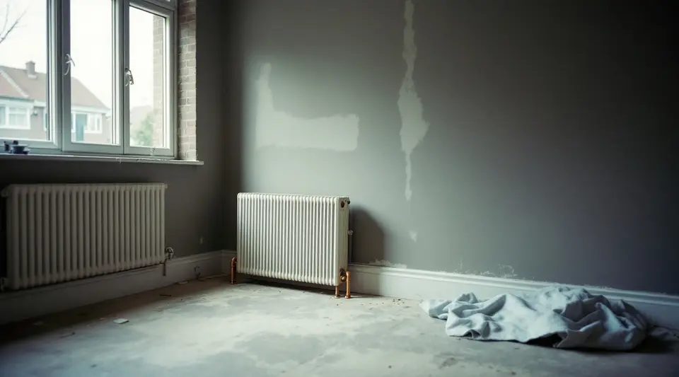 Een kamer in verbouwing: een radiator is van de muur gehaald en staat op de kale betonvloer, een tweede hangt nog onder het raam